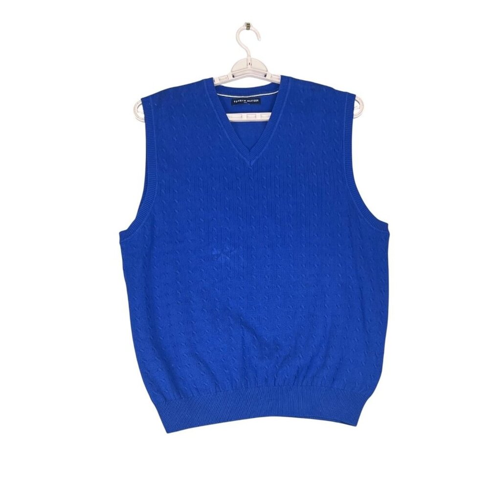 Tommy Hilfiger Mens L Sweater Vest Blue V Neck Textured Golf Pullover Classic